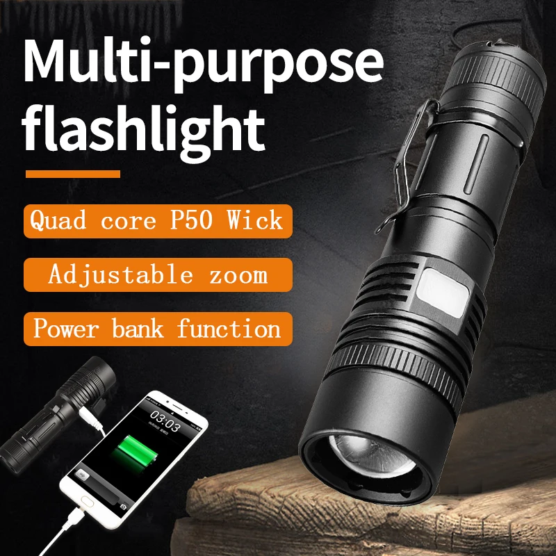 Outdoor lighting waterproof strong light P50 portable long-range emergency multi-functional LED rechargeable flashlight
Outdoor lighting waterproof strong light P50 portable long-range emergency multi-functional LED rechargeable flashlight