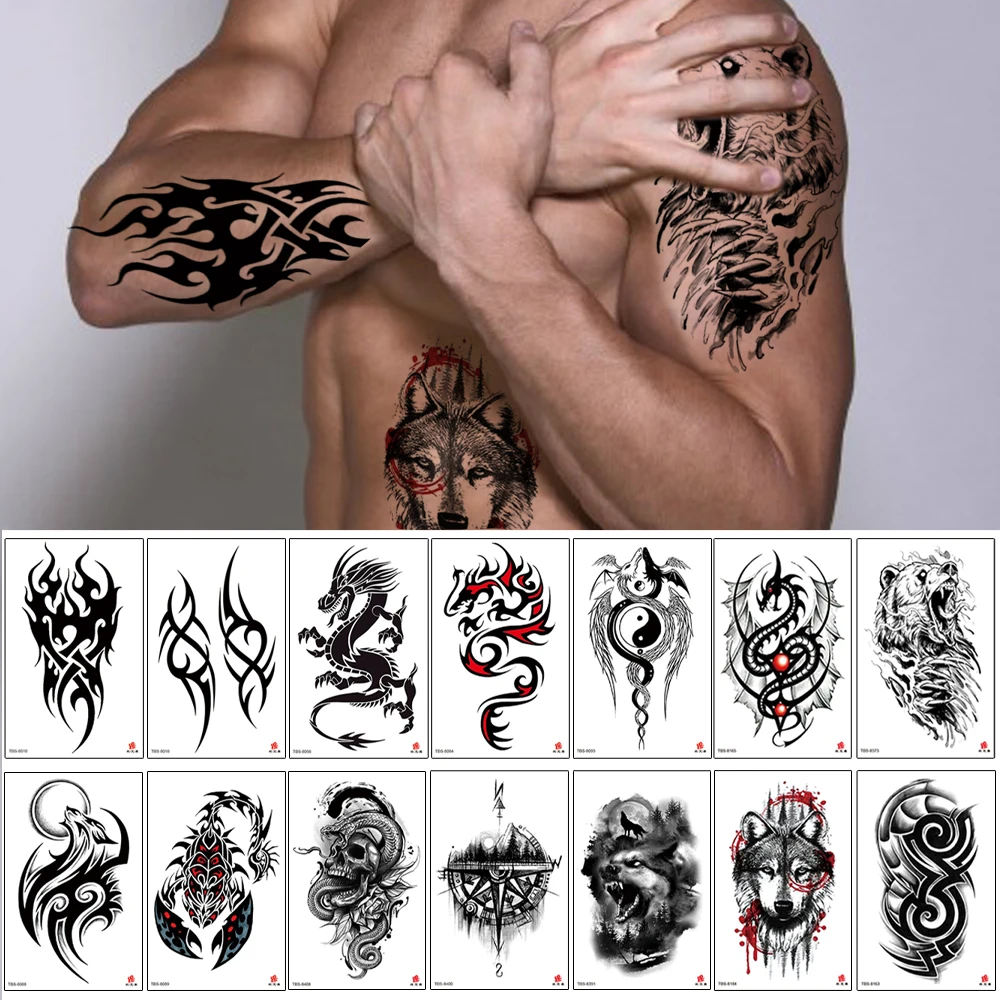 

Набор татуировок 14 шт., водостойкая Временная тату-наклейка, дракон, Скорпион, волк, крылья, крест, боди-арт, Arm Maori Тотем поддельный Tatoo Men
