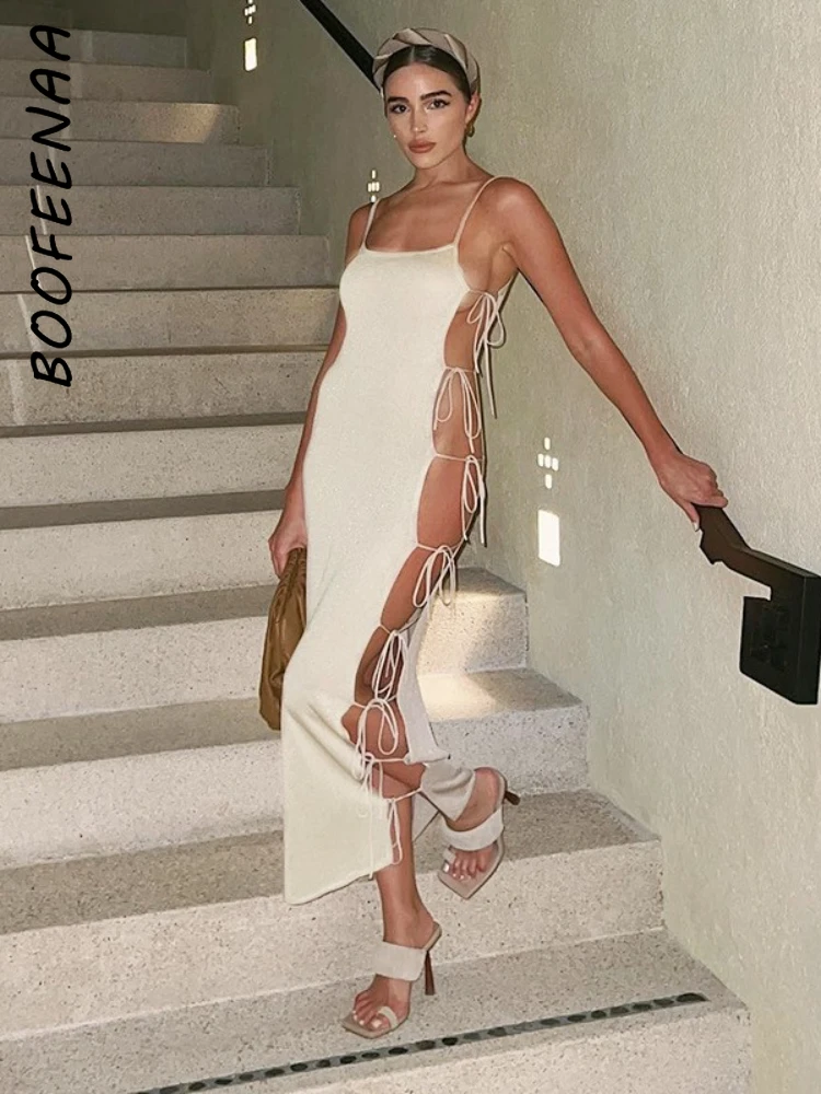 

BOOFEENAA Beach Vacation Side Slit Tie Up Maxi Dress Summer Outfits for Women 2022 Sexy Party Nude Sheer Long Dresses C85-DZ24