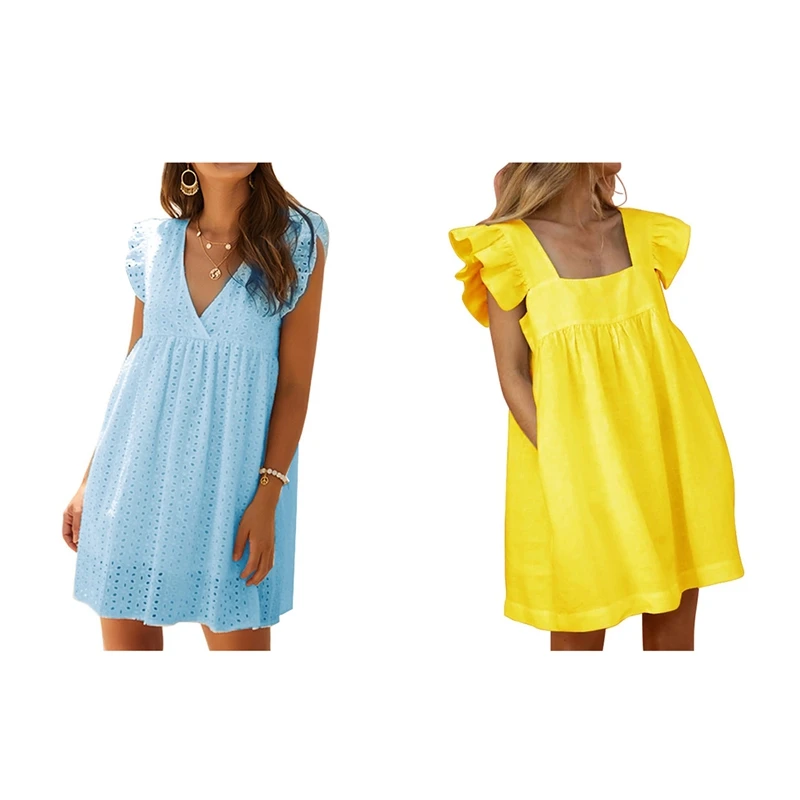 Women's Sexy V-Neck Butterfly Sleeve Hollow Lace Dress Blue S & Square Neck Ruffle Butterfly Sleeve Dress Yellow S
Women's Sexy V-Neck Butterfly Sleeve Hollow Lace Dress Blue S & Square Neck Ruffle Butterfly Sleeve Dress Yellow S