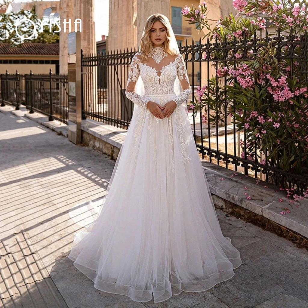 OYISHA Elegant Long Sleeves Tulle Wedding Dresses For Bride Princess High Neck Lace Appliques Illusion Button Design Bridal Gown
OYISHA Elegant Long Sleeves Tulle Wedding Dresses For Bride Princess High Neck Lace Appliques Illusion Button Design Bridal Gown