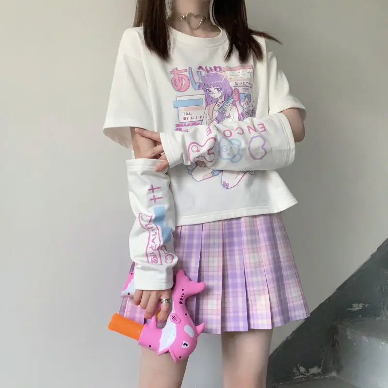 Fernan аниме футболка с длинным рукавом Лето Топы 2000s Kawaii коротким и принтом в виде