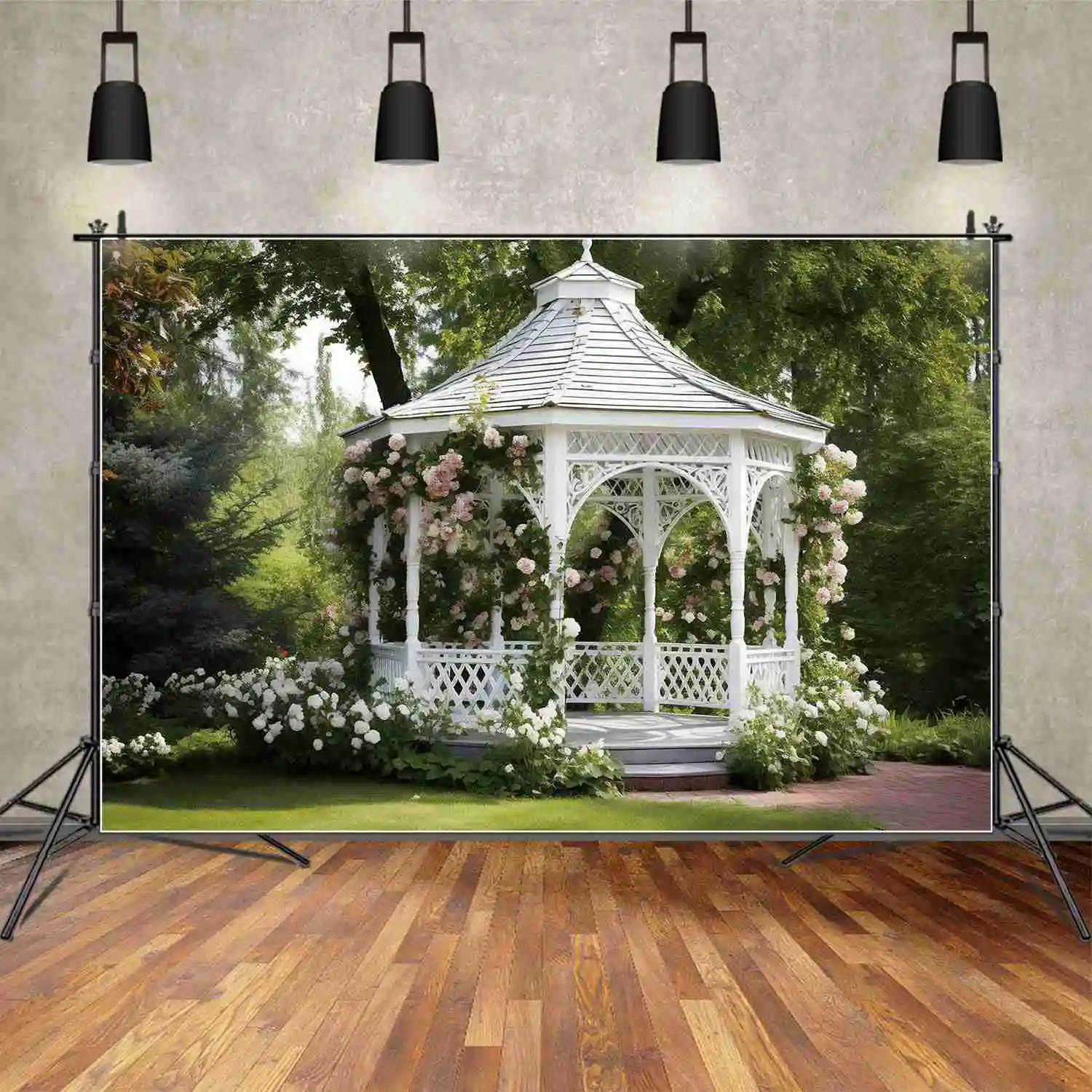 

MOON.QG Backdrop Wedding Anniversary Decorations for Photoshoot Background Garden Park White Kiosk Photocall Photography Props