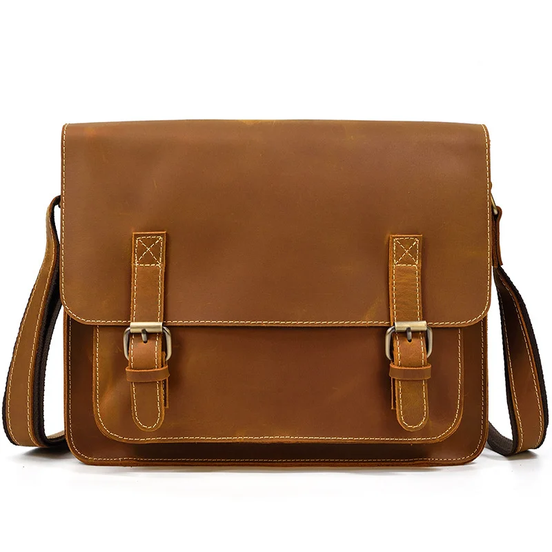 

Large Capacity Crazy Horse Leather Shoulder Bag Men's Genuine Crossbody Cowhide Flap Retro Briefcase