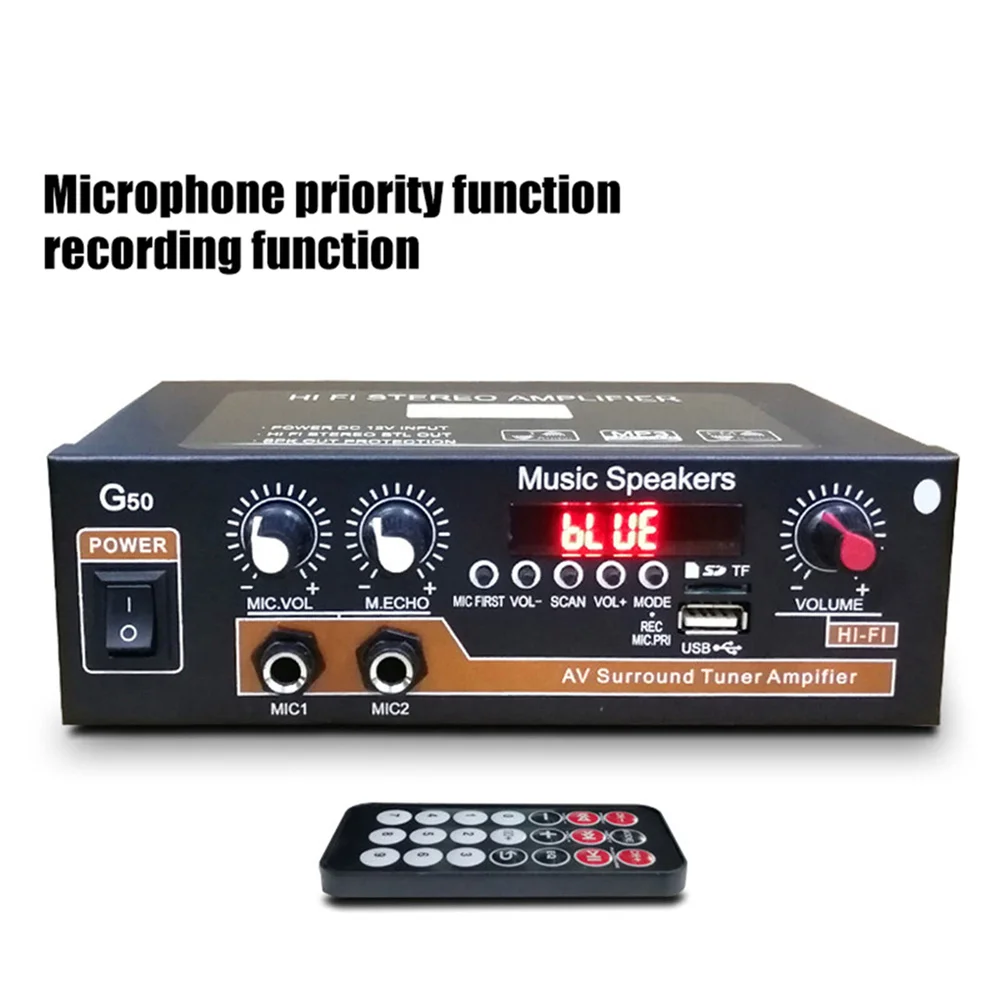 G50 Sound Amplifier Bluetooth Digital Audio Amplify 2.0 Channel Supports USB TF MIC RCA FM Radio Input AC 110V/220V EU/US Plug
G50 Sound Amplifier Bluetooth Digital Audio Amplify 2.0 Channel Supports USB TF MIC RCA FM Radio Input AC 110V/220V EU/US Plug