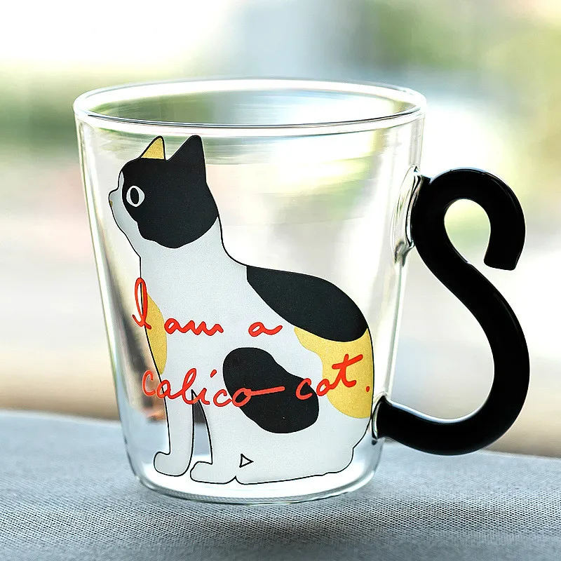

Creative Japanese Cute Kitten Glass Cup Home Breakfast Milk Tea Cup To Send Friends Gifts Heat-resistant Glass Cup Set 300ML