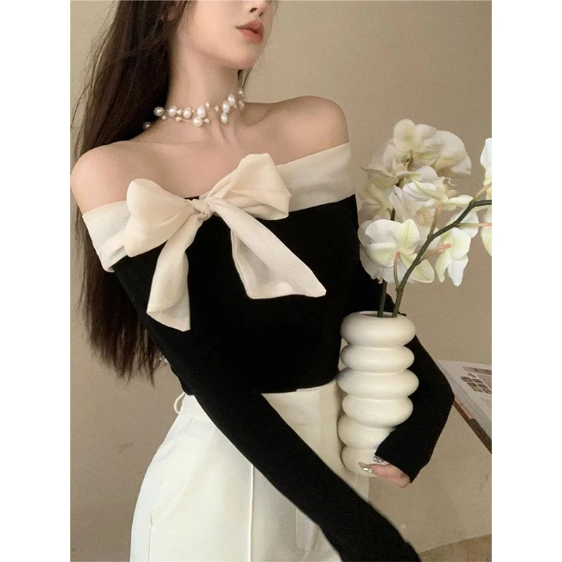 French Elegant Sweater Women Sexy Off Shoulder Bow Slash Neck Pullovers Ladies Y2K Korean Stretch Slim Long Sleeve Tops 
French Elegant Sweater Women Sexy Off Shoulder Bow Slash Neck Pullovers Ladies Y2K Korean Stretch Slim Long Sleeve Tops