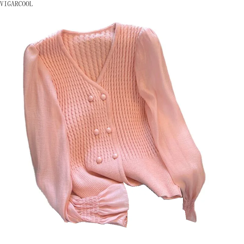 Spring and Autumn New Loose V-neck Western Style Cardigan Solid Color Spliced Lace Long Sleeve Knitted Sweater Fashion Top Women
Spring and Autumn New Loose V-neck Western Style Cardigan Solid Color Spliced Lace Long Sleeve Knitted Sweater Fashion Top Women