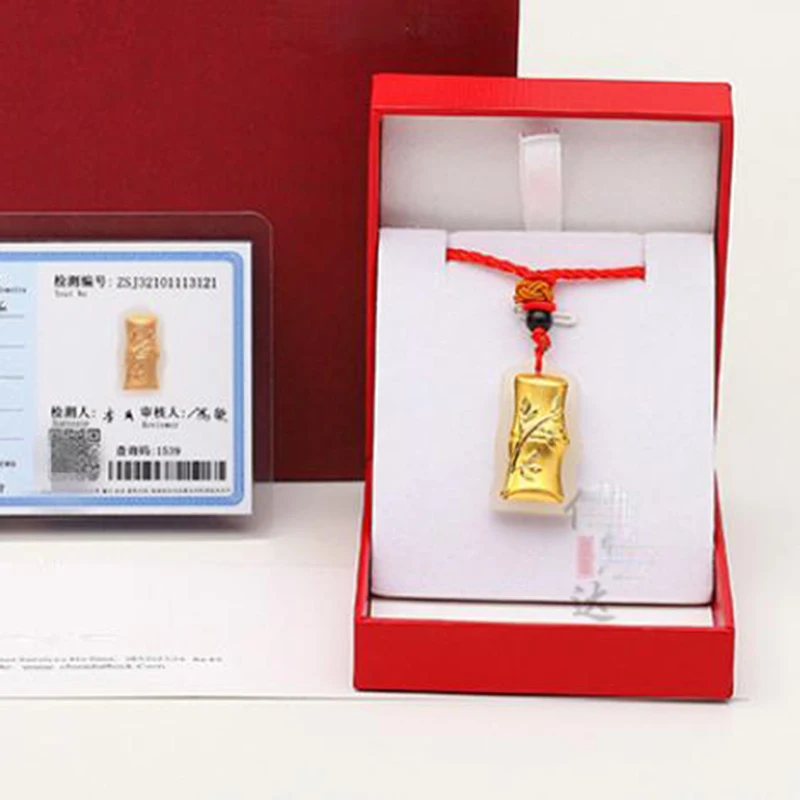 

HOYON Certified Pure 999 Gold Real Natural Jade Yellow Gold AU999 Bamboo Pendant with Rope Chain Blessing Lucky Pendant Jewelry