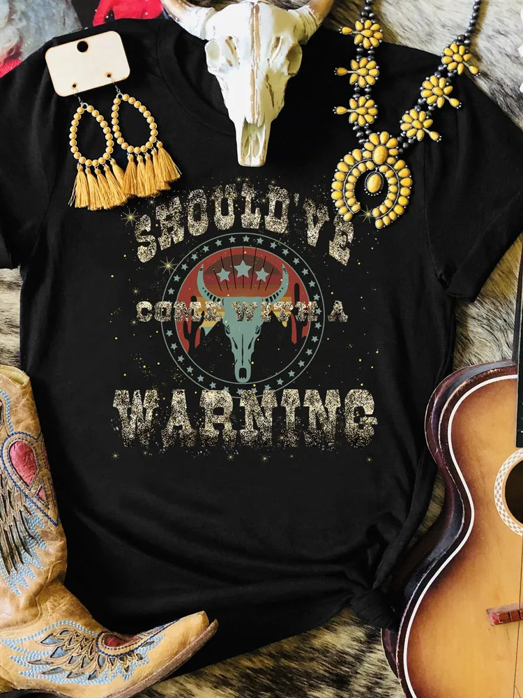 Funny Graphic Tee Western Style Women Short Sleeve Letter Print T-Shirt Should've Come with A Warning Steer Skull O-Neck T Shirt
Funny Graphic Tee Western Style Women Short Sleeve Letter Print T-Shirt Should've Come with A Warning Steer Skull O-Neck T Shirt