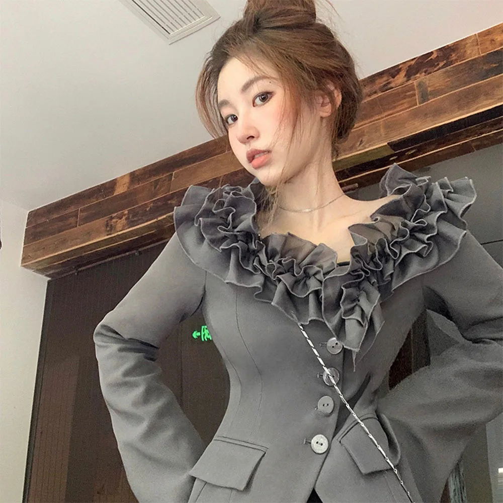 

Fashion Designer Petal Collar Suit Jacket Women's Casual Street Tops Autumn 2023 Sweet Chic Ladies Blazers Grey Female Outwear