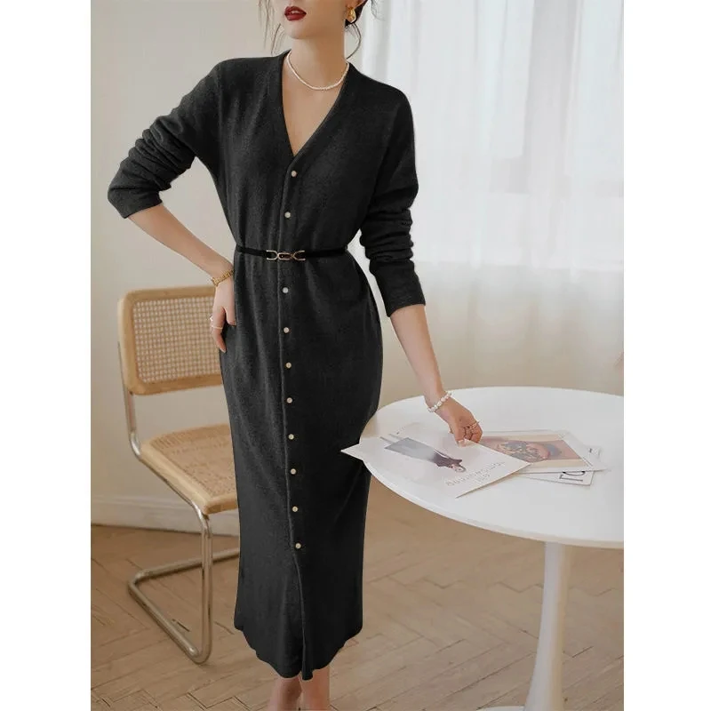 2022 New Elegant Autumn Knitting Dress With Belt Women Single-breasted Long Sleeve V Neck Korea Sweater Midi Solid Knitted Dress
2022 New Elegant Autumn Knitting Dress With Belt Women Single-breasted Long Sleeve V Neck Korea Sweater Midi Solid Knitted Dress