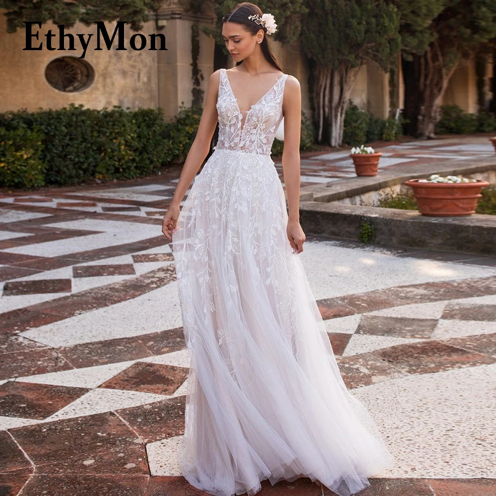 

Ethymon Deep V-Neck Backless Sleeveless Tulle Wedding Dresses For Women Pleat Appliques Customised Vestidos De Novia Brautmode