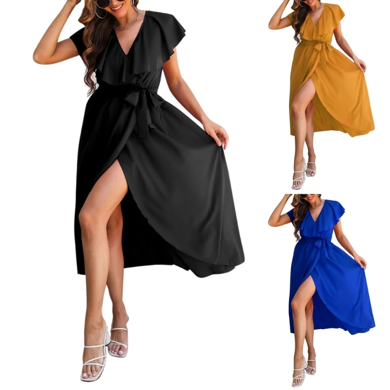 Women V Neck High Split Belted Sexy Wrap Dress Ruffle Sleeve Cocktail Party Dres
Women V Neck High Split Belted Sexy Wrap Dress Ruffle Sleeve Cocktail Party Dres