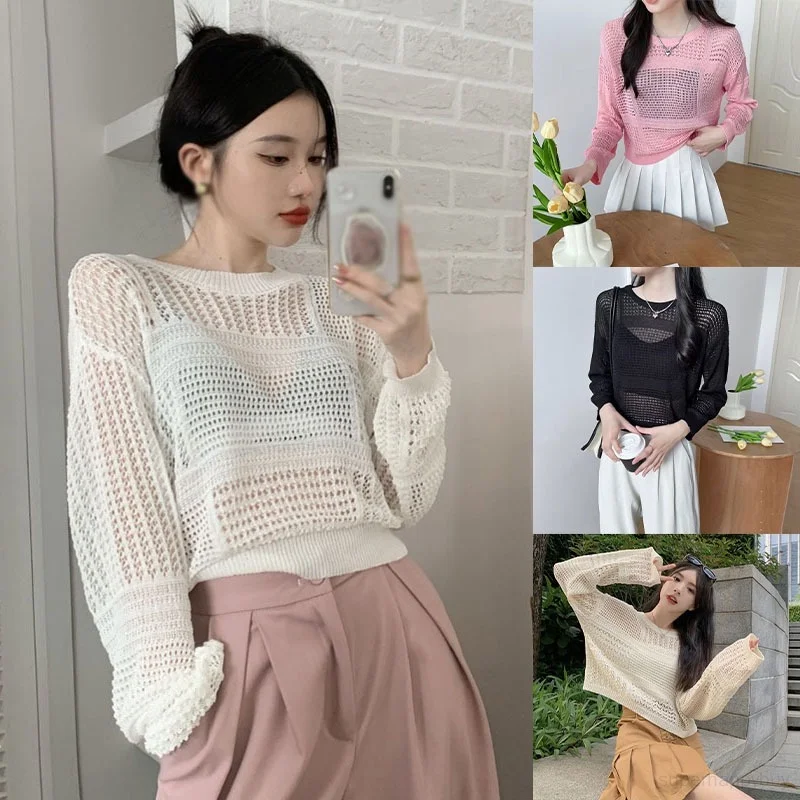 Woman's Long Sleeve Crew Neck Blouse Breathable Hollow Mesh Fabric Fashion Sweater Knitting Top Sun Protection Clothing
Woman's Long Sleeve Crew Neck Blouse Breathable Hollow Mesh Fabric Fashion Sweater Knitting Top Sun Protection Clothing