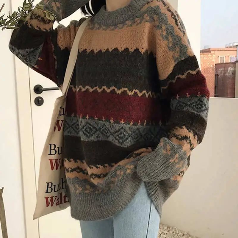 Style Loose Knitwear Korean Pullover Striped Loose Femme Vintage Casual Sweaters Jumpers Winter Pullover Women Pull Sweater Pull
Style Loose Knitwear Korean Pullover Striped Loose Femme Vintage Casual Sweaters Jumpers Winter Pullover Women Pull Sweater Pull