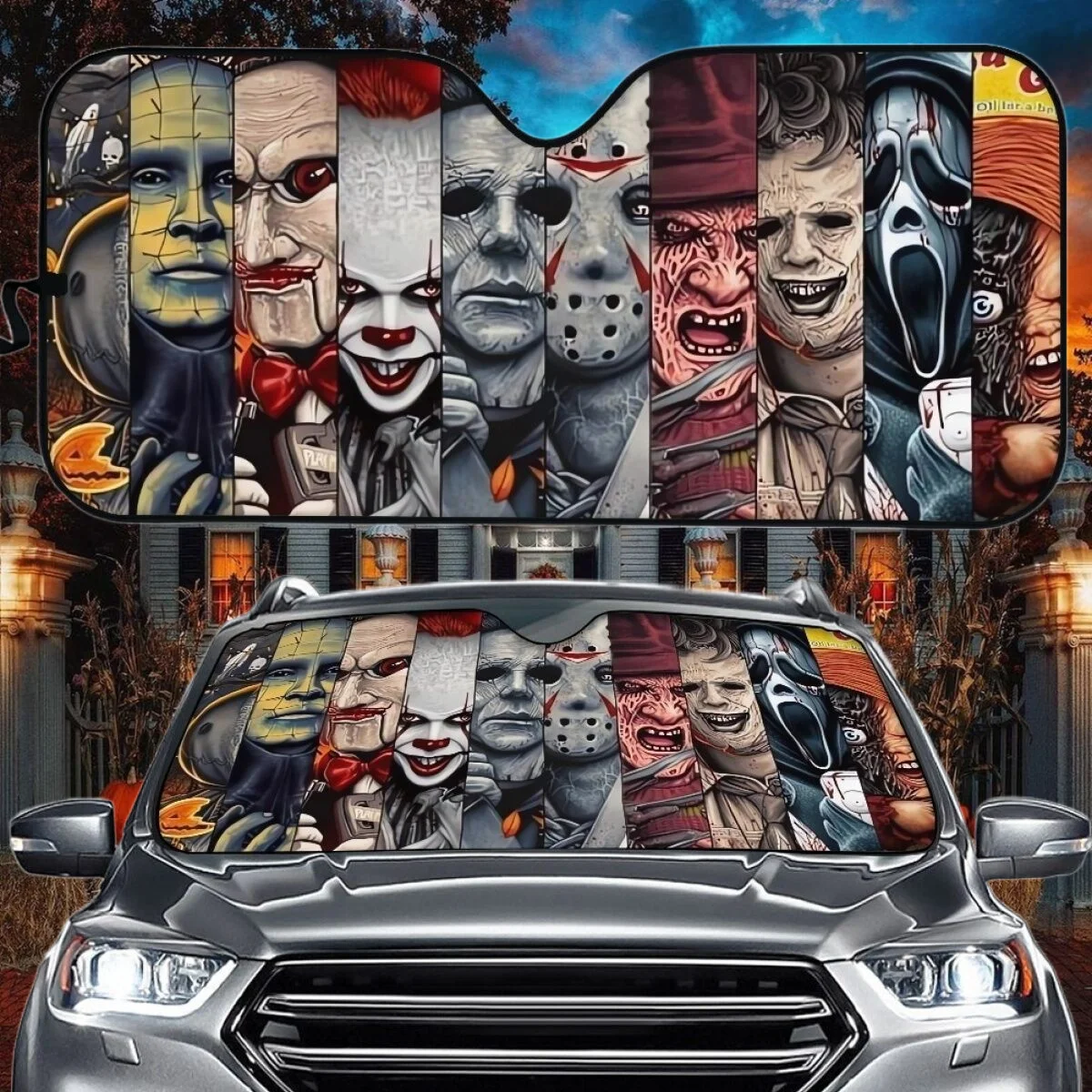New Horror Movie Clown Jason Voorhees Leatherface Car Sun Shade Brand Design Washable UV Printing Windshield Covers Custom Image
New Horror Movie Clown Jason Voorhees Leatherface Car Sun Shade Brand Design Washable UV Printing Windshield Covers Custom Image