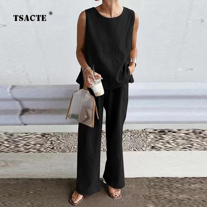 Summer Fashion Sleeveless Casual Sold Color Straight Long Pants 2 Piece Sets Elegant Slim Cotton And Linen Streetwear Party Suit
Summer Fashion Sleeveless Casual Sold Color Straight Long Pants 2 Piece Sets Elegant Slim Cotton And Linen Streetwear Party Suit