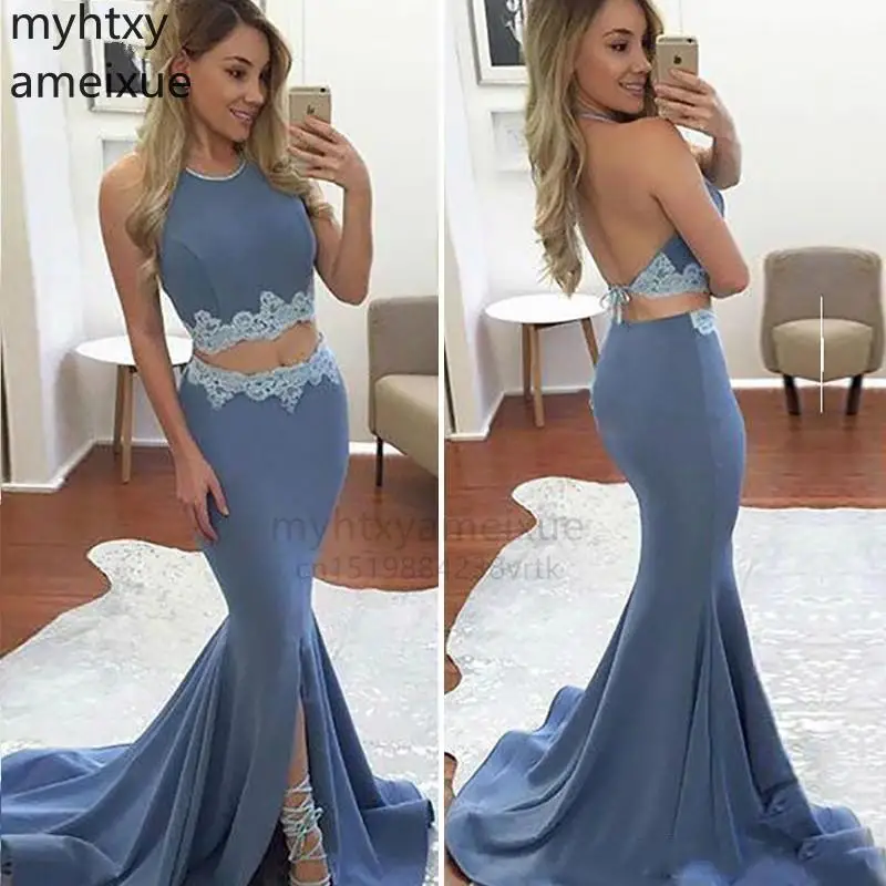 Long Sexy Mermaid Two Pieces Blue Evening Dresses New Arrival Applique Lace Satin Slit Front Backless Evening Robe De Soiree
Long Sexy Mermaid Two Pieces Blue Evening Dresses New Arrival Applique Lace Satin Slit Front Backless Evening Robe De Soiree