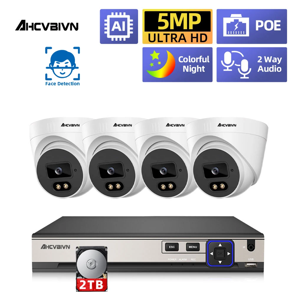 4CH Color Night Vision POE Monitoring Security Cameras Set 5MP Indoor Dome CCTV Video Surveillance System Two Way Audio NVR Kit
4CH Color Night Vision POE Monitoring Security Cameras Set 5MP Indoor Dome CCTV Video Surveillance System Two Way Audio NVR Kit