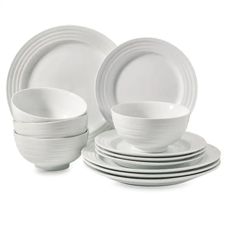 

Anniston White Round Porcelain 12-Piece Dinnerware Set Steak knife set Spoon Restaurant ложки вилки в яйце Chopst