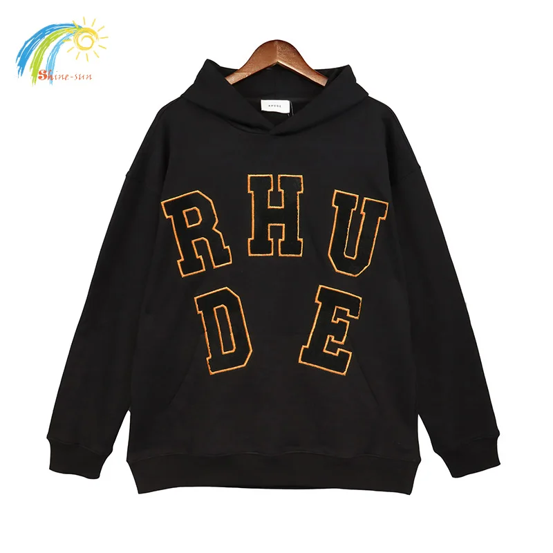 

Orange Flocking Embroidered Logo RHUDE Hoodie Hooded Men Women 1:1 Cotton Loose Pullover Splicing Rhude Sweatshirts Inside Tags