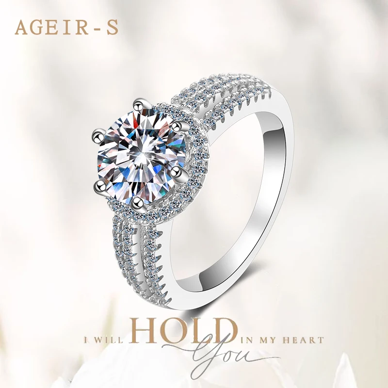 

AGEIR-S Real D color 3 Carat Moissanite Shining Rings Engagement 925 Silver Wedding Ring for Women Jewelry Birthday Present Z039