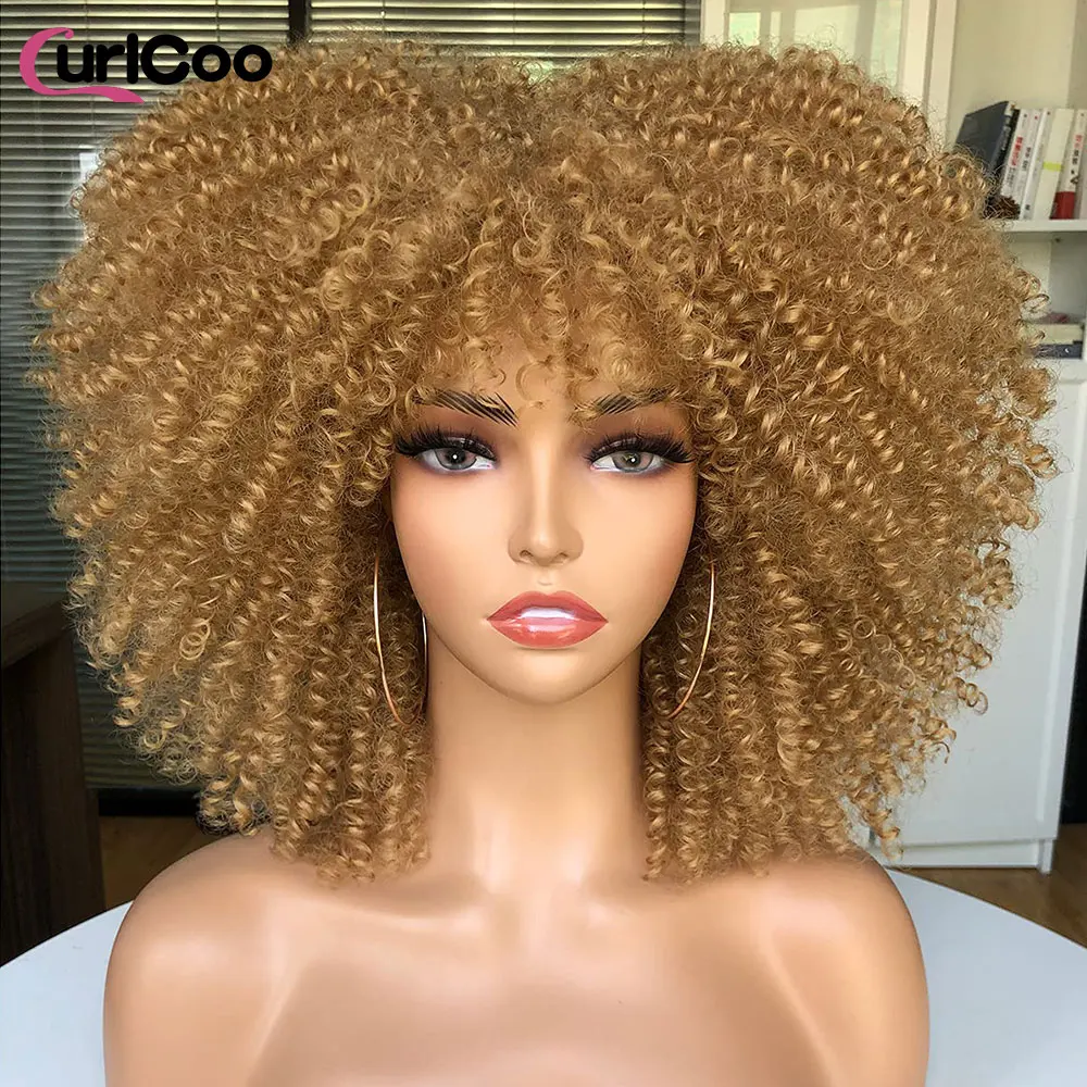 

Short Hair Afro Kinky Curly Wigs With Bangs For Black Women Cosplay Lolita Synthetic Ombre Glueless Blonde Pink Red Wig CurlCoo