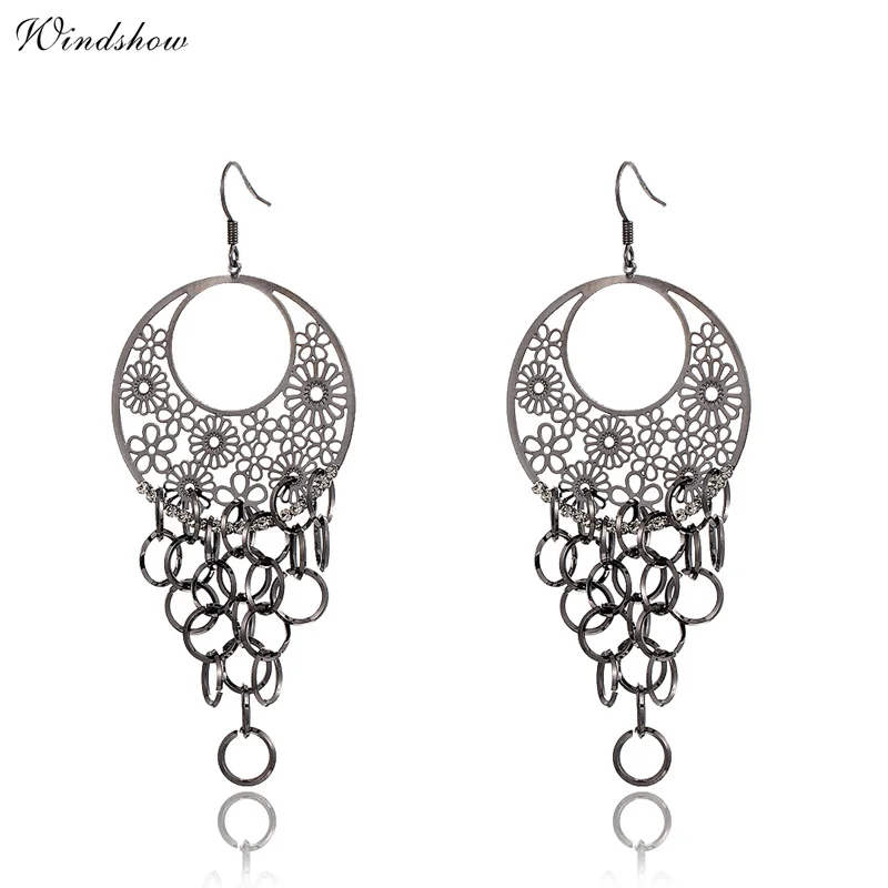 Black or White Big Filligree Disc Charms Multi Circles Linked Drop Chandelier Dangle Long Earrings For Women Girls Jewelry Aros | Украшения
