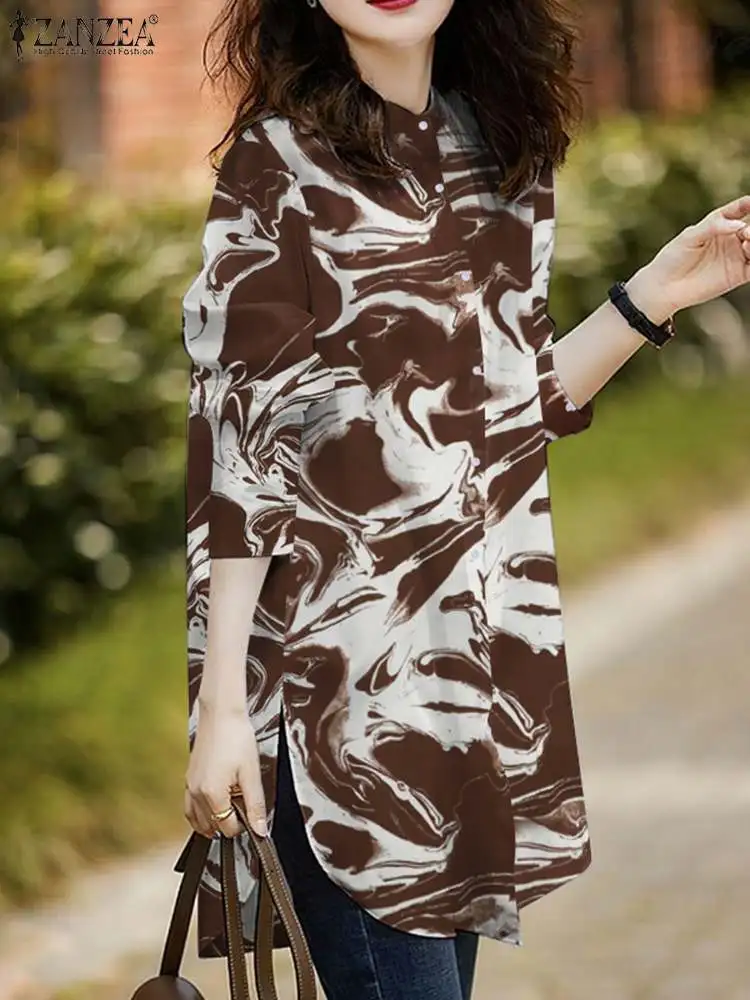 

Блузка ZANZEA Женская с длинным рукавом и принтом, модная рубашка с асимметричным подолом в винтажном стиле, топ в богемном стиле, праздничная сорочка оверсайз