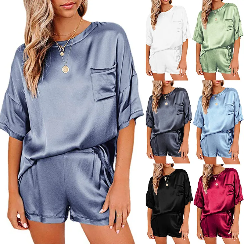 2022 European and American spring and summer new pure color imitation silk pajamas short sleeve shorts irregular two sets
2022 European and American spring and summer new pure color imitation silk pajamas short sleeve shorts irregular two sets
