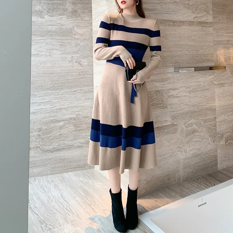 Elegant and Charming Knitting Thickened Dress Temperament Semi High Collar Long Sleeve Slim Striped Contrast Knee Length Skirt
Elegant and Charming Knitting Thickened Dress Temperament Semi High Collar Long Sleeve Slim Striped Contrast Knee Length Skirt