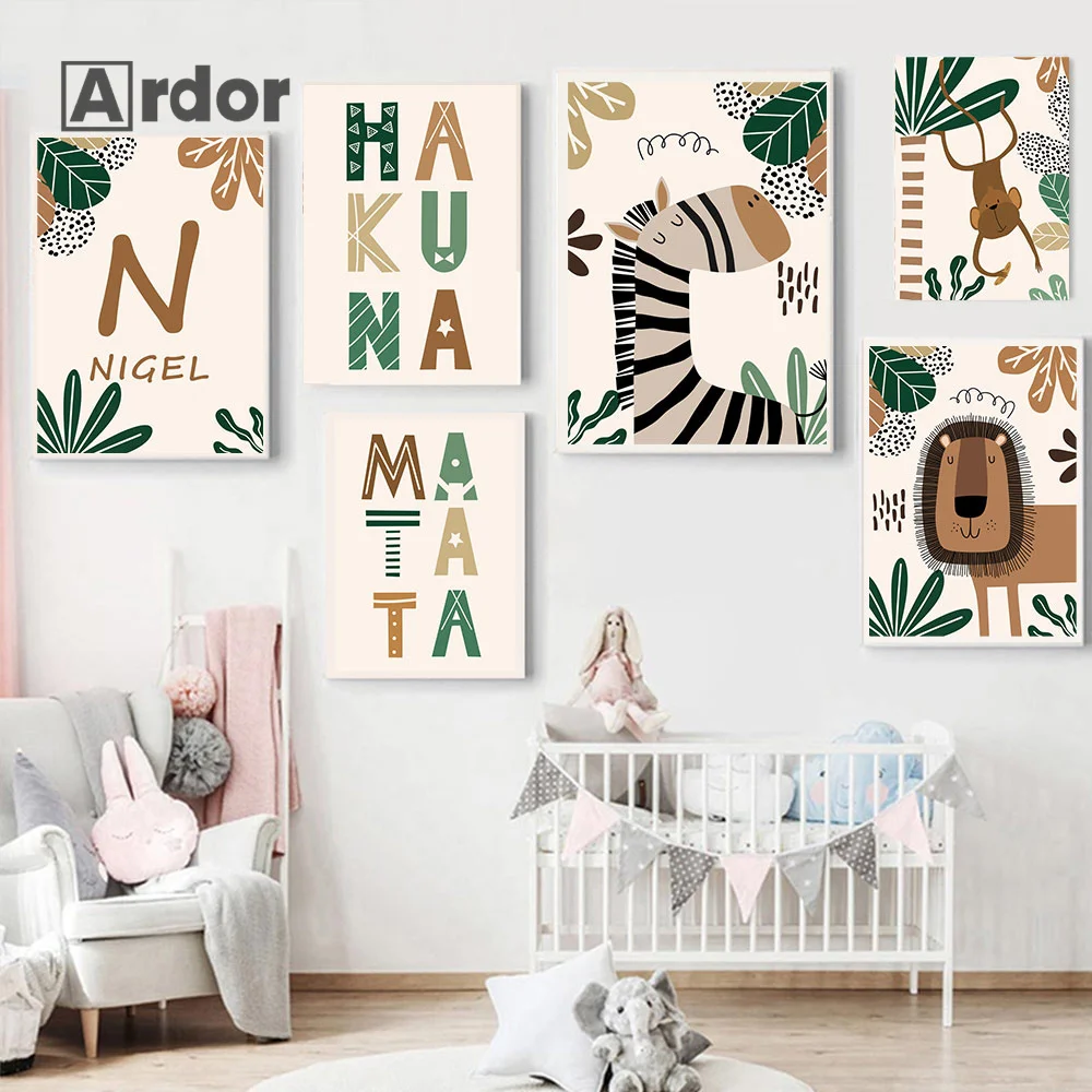 

Custom Name Poster Jungle Animals Print Lion Elephant Giraffe Nursery Canvas Art Painting Nordic Wall Pictures Kids Room Decor