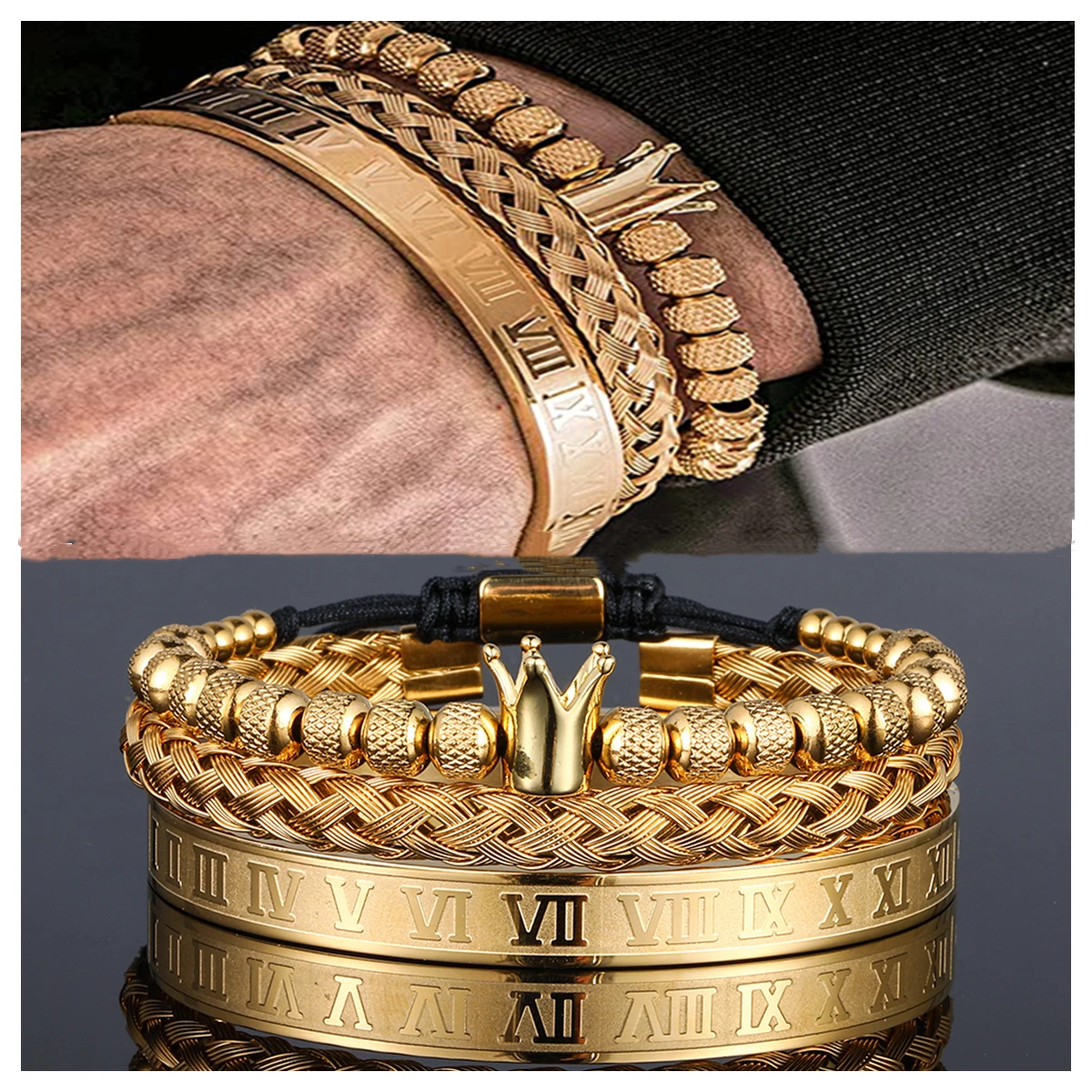 Vintage Punk Crown Braided Stainless Steel Men's Bracelet Pineapple Beads Roman Letter Grid Opening Trend Jewelry
Vintage Punk Crown Braided Stainless Steel Men's Bracelet Pineapple Beads Roman Letter Grid Opening Trend Jewelry