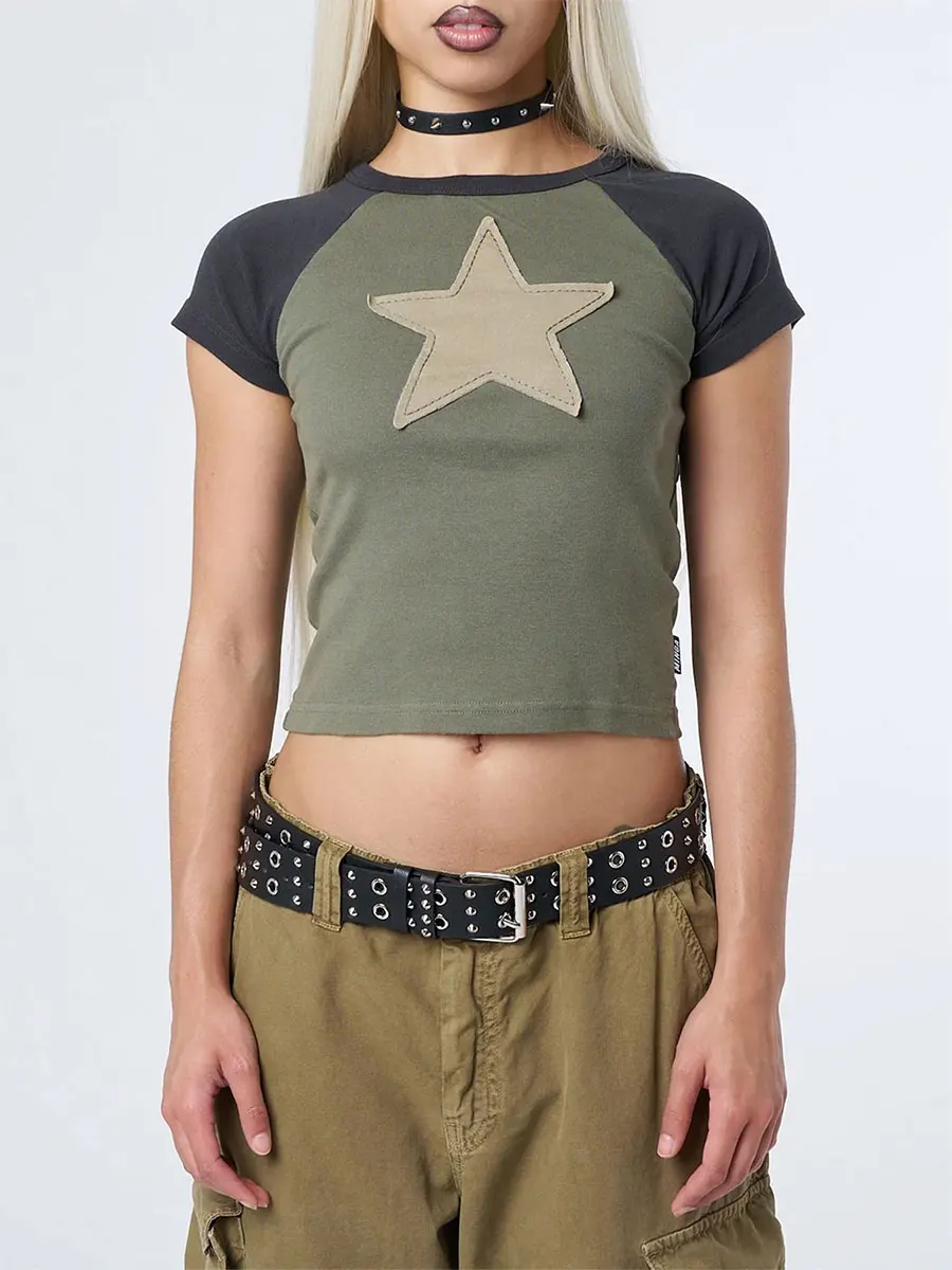 New Fashion Womens Slim Summer Cropped Tops Star Patch Pattern Cap Sleeve Round Neck T-Shirt Clubwear Skin-Friendly Hot Sale
New Fashion Womens Slim Summer Cropped Tops Star Patch Pattern Cap Sleeve Round Neck T-Shirt Clubwear Skin-Friendly Hot Sale