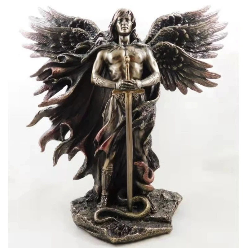 

Bronzed Seraphim Six-winged Guardian Angel With Sword And Serpent Big Wings Angel Statue Resin Statues Home Decor Decoration