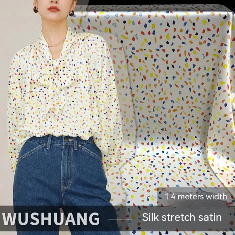 

Stretch Satin Silk Fabric Mulberry Silk Colorful Polka Dot Print Spring Summer Dress Shirt Draped Wholesale Fabrics by the Meter