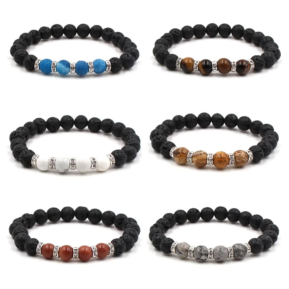 

15pcs Natural Black Lava Stone Beads Bracelet Volcanic Rock Essential Oil Diffuser Bracelet Stretch Jewelry For Women Men