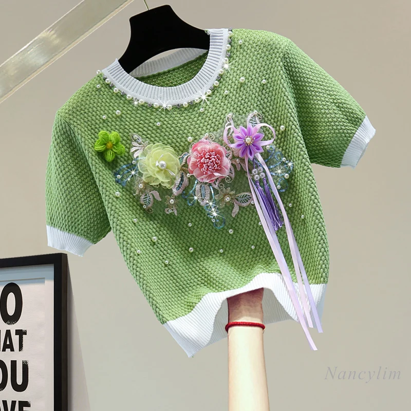 Sequined Flower Tassel Embroidered Knitted T-shirt for Women 2022 Summer Korean Style Beads Rhinestones High Waist Short Top T
Sequined Flower Tassel Embroidered Knitted T-shirt for Women 2022 Summer Korean Style Beads Rhinestones High Waist Short Top T