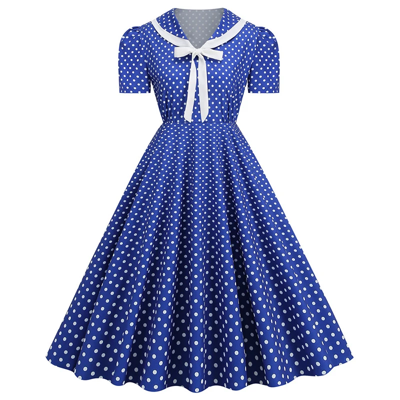 

Women Fashion Summer 2023 New In Salior collar Polka Dot Printed Vintage Retro A Line Skater Party casual swing dress
