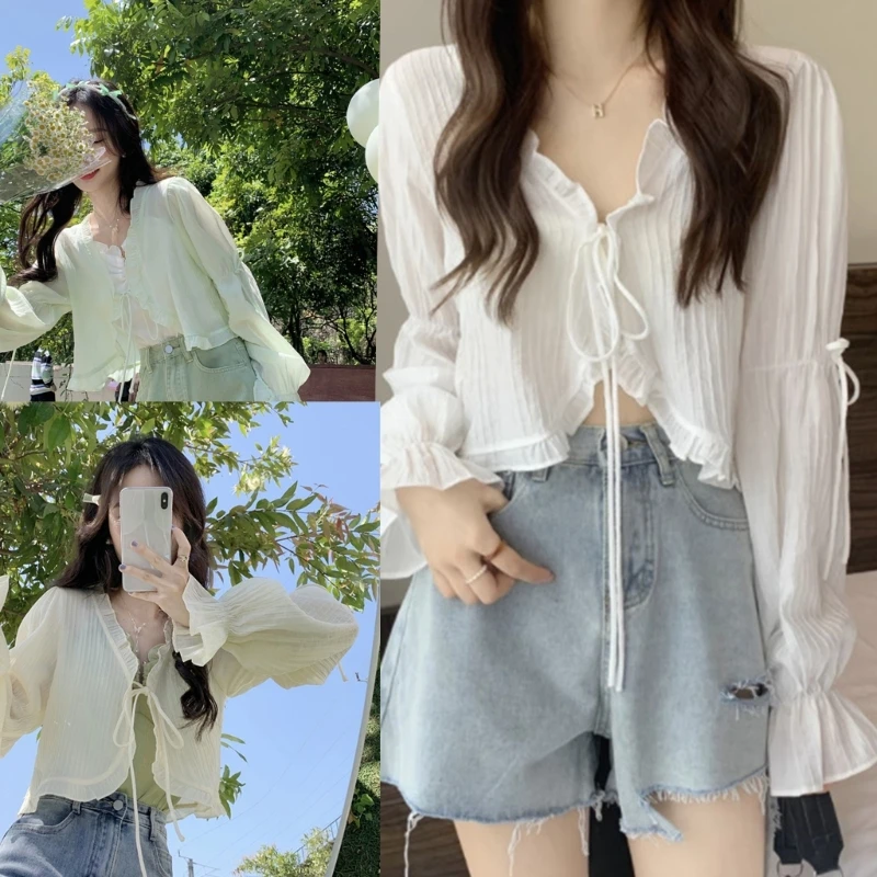 Женский короткий кардиган с бантом Y2K, свободная тонкая Уличная Повседневная Простая рубашка с длинными рукавами и оборками, Корейский Летний кардиган для защиты от солнца
Женский короткий кардиган с бантом Y2K, свободная тонкая Уличная Повседневная Простая рубашка с длинными рукавами и оборками, Корейский Летний кардиган для защиты от солнца