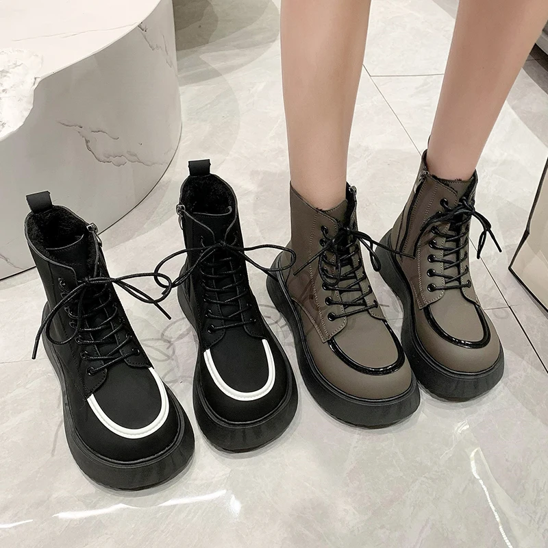 

Женские ботинки со шнуровкой, Осенняя обувь с круглым носком, зимняя обувь на плоской подошве, сапоги-женские резиновые ботинки в стиле «лолита» для рок, полуботинки, 2023