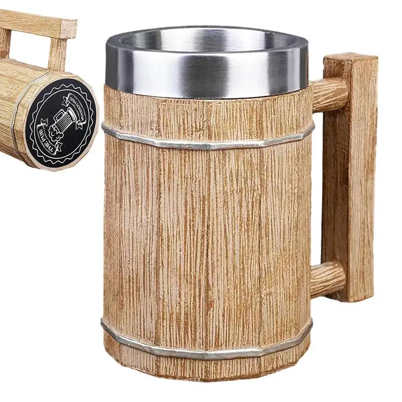 

Деревянная пивная кружка ручной работы, большая чашка викингов, Экологически чистая чашка из нержавеющей стали с имитацией дерева, 600 мл, ручная работа, в форме ведра для виски