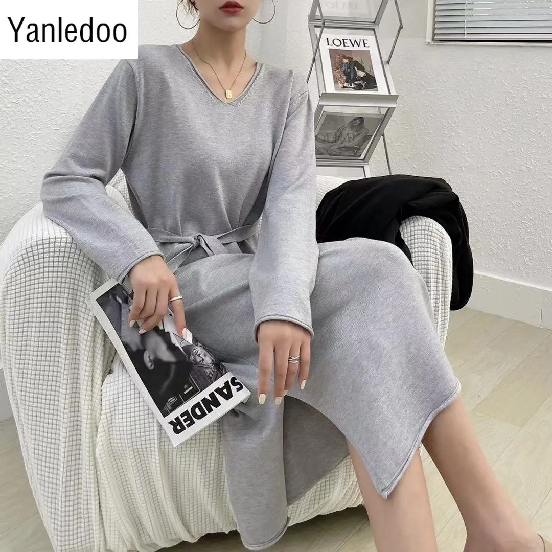 V-Neck Long Sleeve Women's Knitted Dress Sexy Split 2022 New Style Fashion Loose Lace Up Knee Length Dress Maxi Dresses
V-Neck Long Sleeve Women's Knitted Dress Sexy Split 2022 New Style Fashion Loose Lace Up Knee Length Dress Maxi Dresses