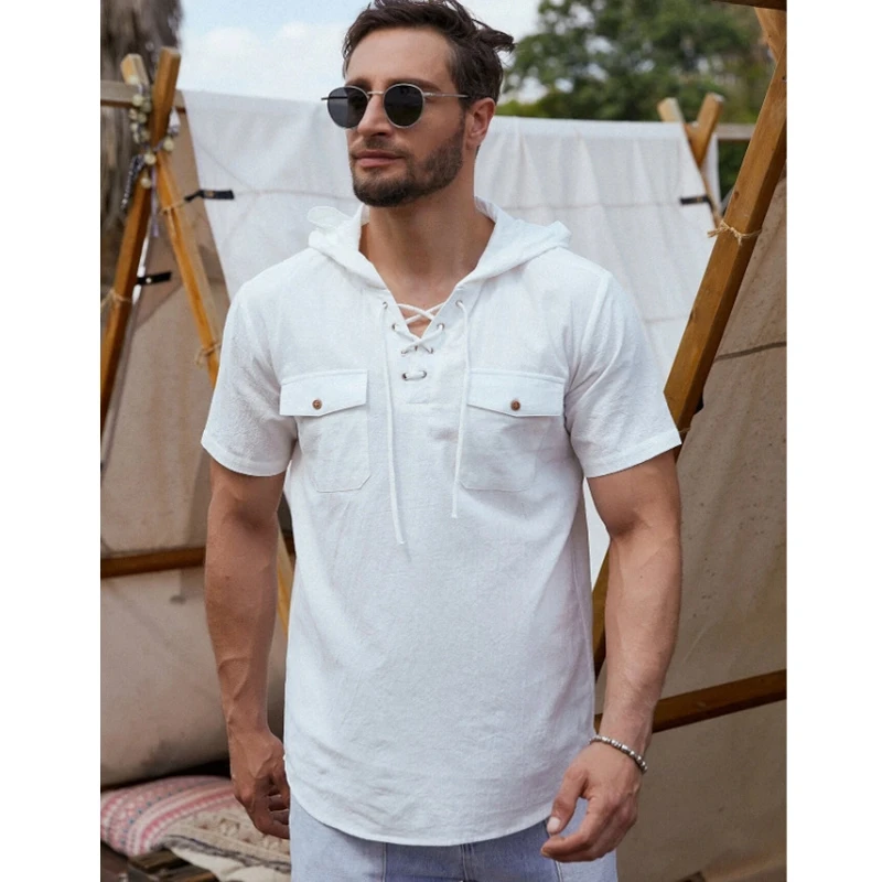 Men Shirt T-shirt Summer Pocket Stitching Loose Bandage Shirt Men Vintage Short Sleeve Hooded Turn-down Collar Shirt Streetwear 
Men Shirt T-shirt Summer Pocket Stitching Loose Bandage Shirt Men Vintage Short Sleeve Hooded Turn-down Collar Shirt Streetwear
