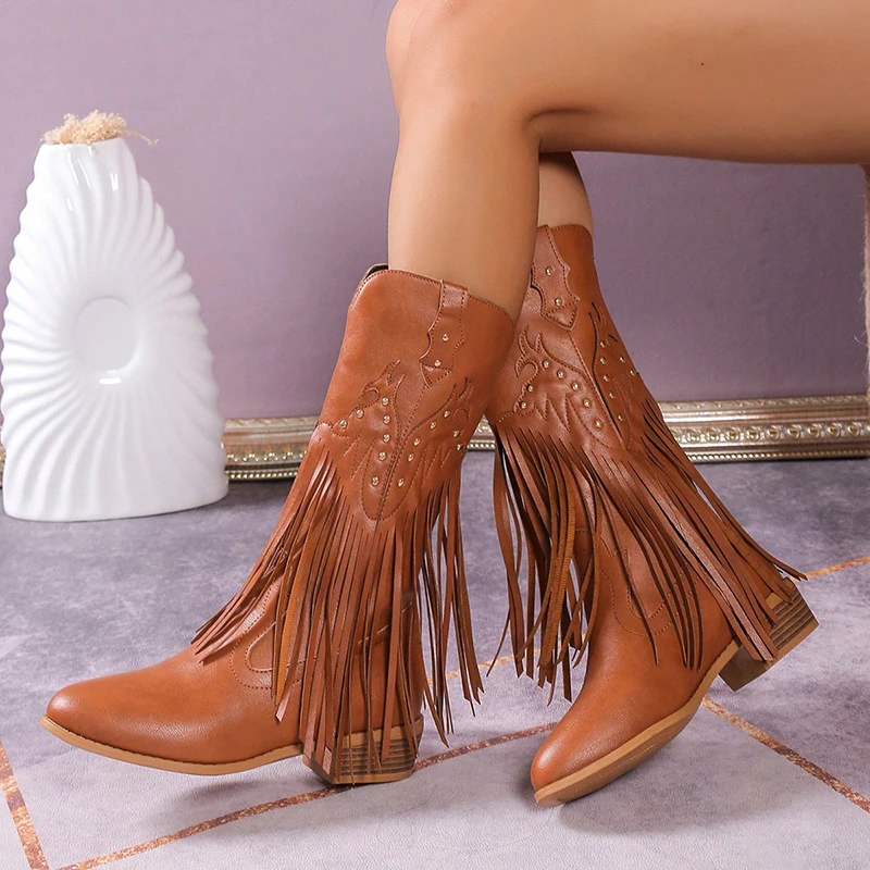 

Wedge Chunky Heel Boots Women Rivets Tassels Design Western Boots PU Leather Brown Cowboy Boots for Woman Cowgirl Botas Mujer