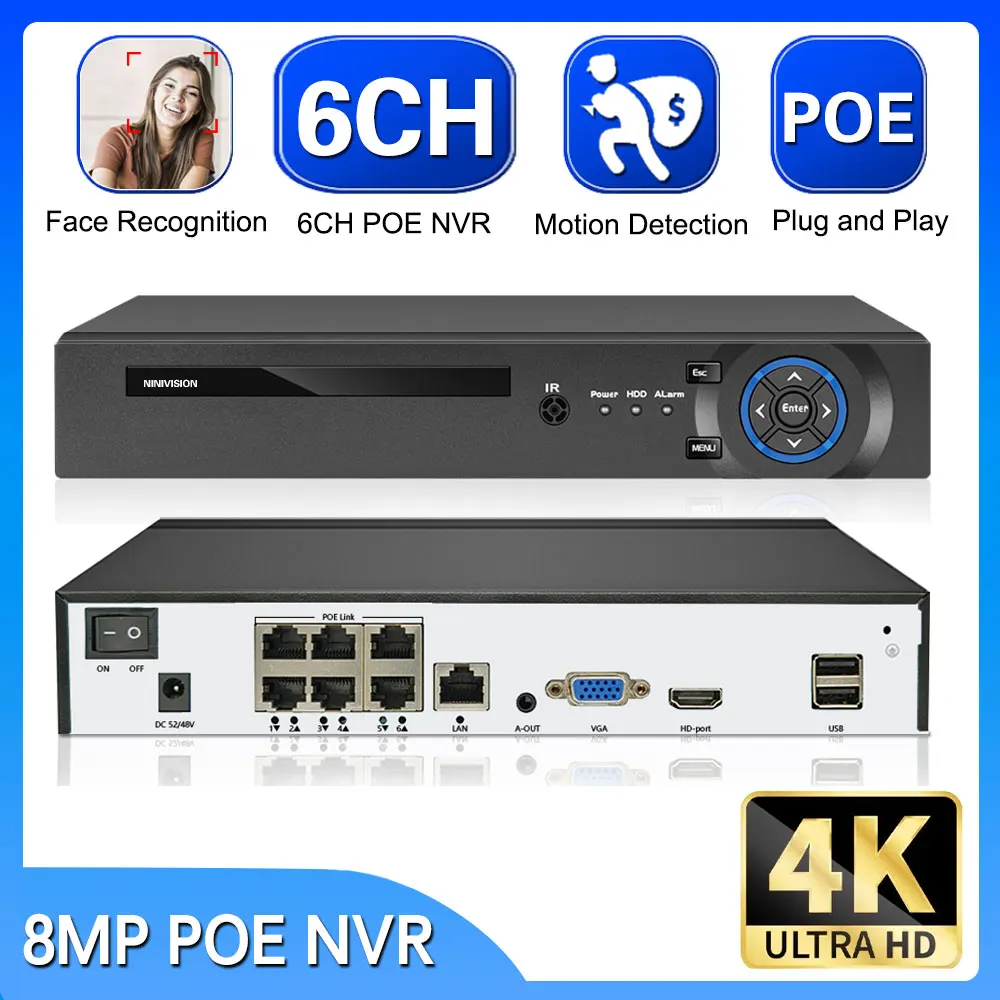 

H.265 4+2/6CH POE NVR 4K 8MP 5MP 4MP 2MP Security IP Camera Video Surveillance CCTV System P2P Network Recorder Face Detect