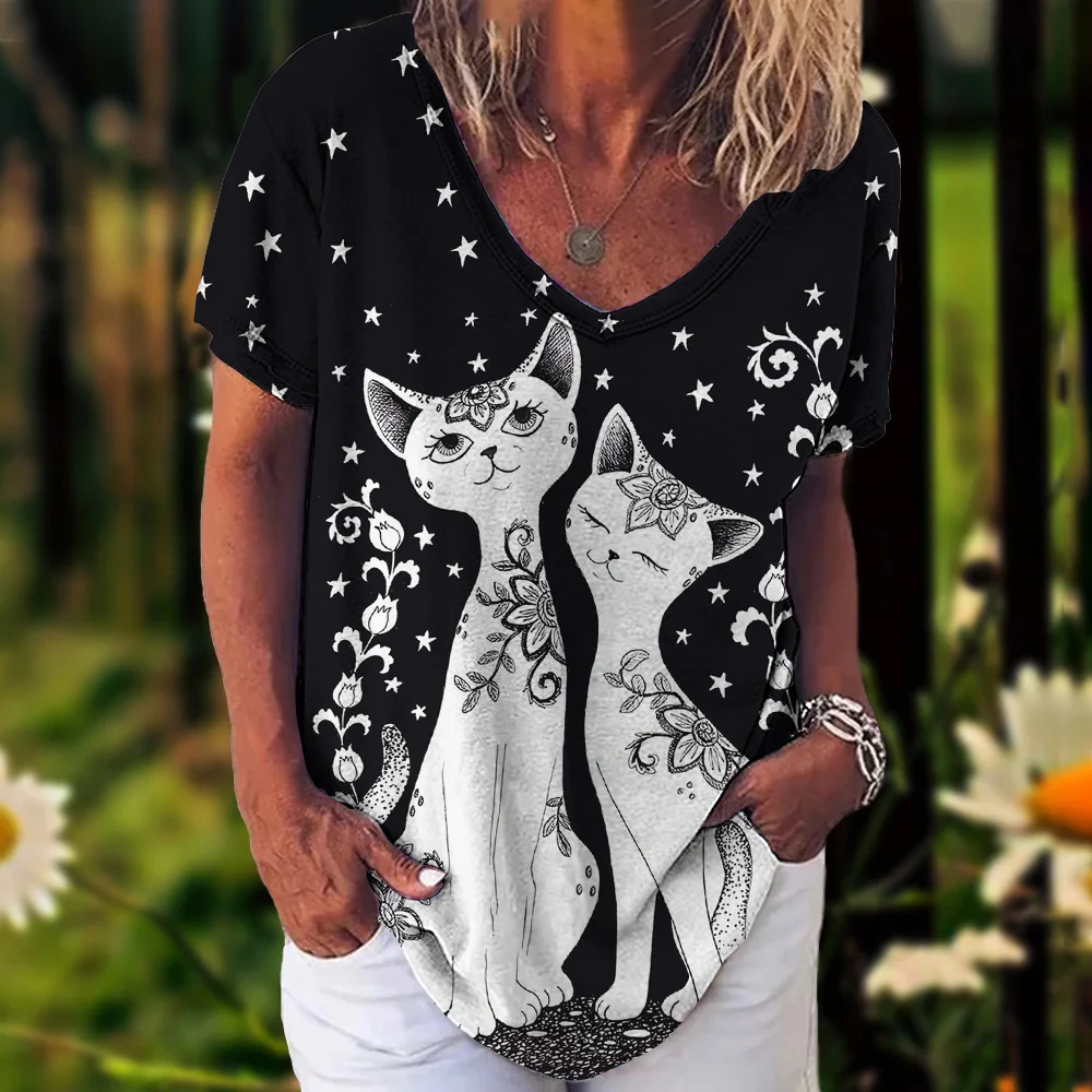 Vintage Cats Print T-Shirt V-Neck Short Sleeve Women Top Oversized Casual Clothing Summer Sports Shirts Harajuku Ladies Pullover
Vintage Cats Print T-Shirt V-Neck Short Sleeve Women Top Oversized Casual Clothing Summer Sports Shirts Harajuku Ladies Pullover