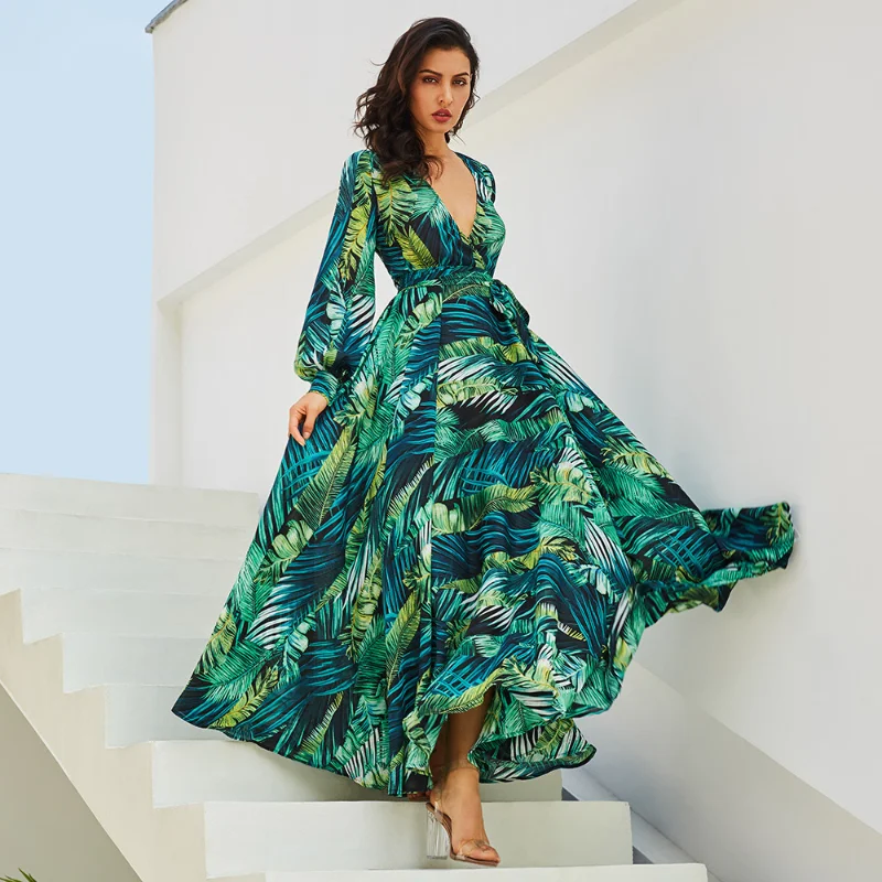 Spring/Summer 2023 New Women's Dress Lantern Sleeve Print Sexy V-Neck Leaf Swing Skirt
Spring/Summer 2023 New Women's Dress Lantern Sleeve Print Sexy V-Neck Leaf Swing Skirt