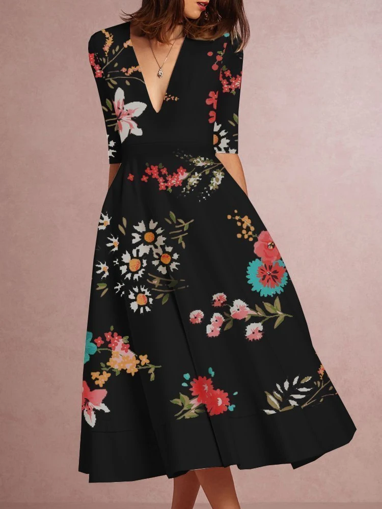 Women Sexy Deep V-Neck Boho Party Dress Elegant Floral Print Pleated Midi Dress Fashion Half Sleeve Waist A-Line Dress Vestidos
Women Sexy Deep V-Neck Boho Party Dress Elegant Floral Print Pleated Midi Dress Fashion Half Sleeve Waist A-Line Dress Vestidos